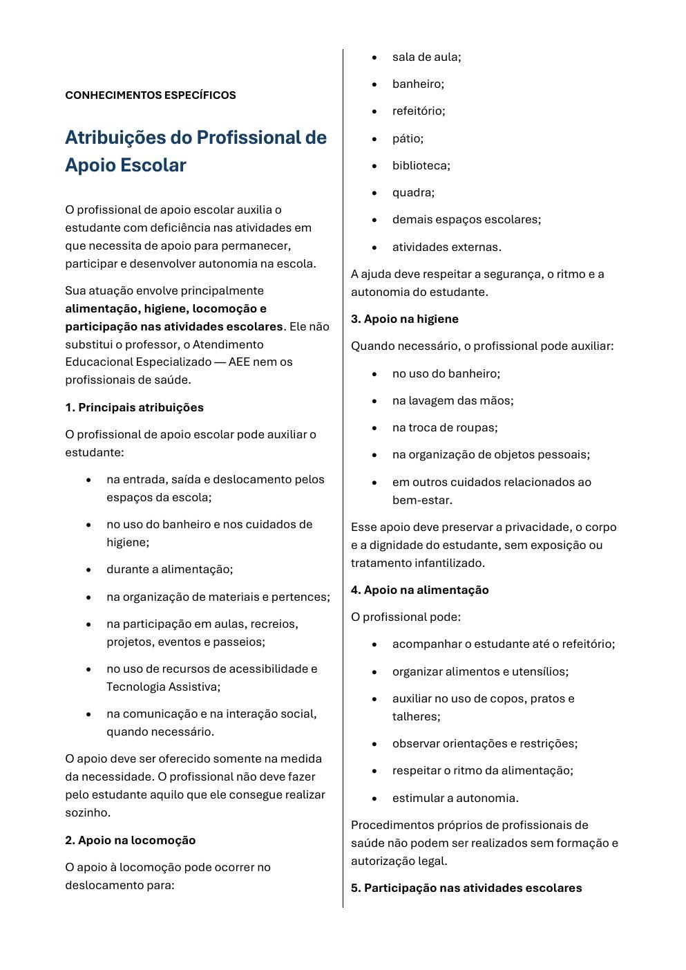 Página de conteúdo sobre atribuições do Profissional de Apoio Escolar