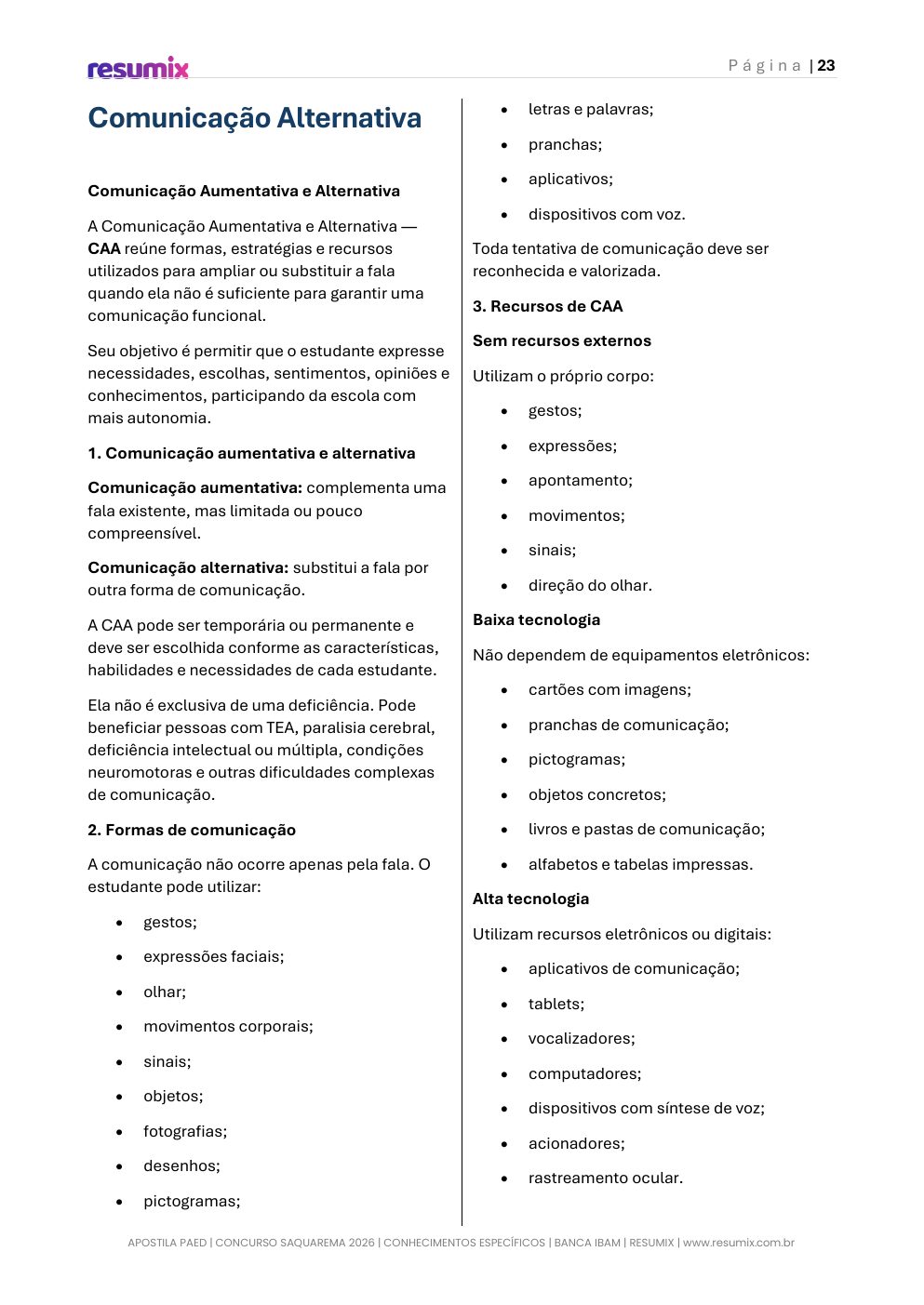 Página de conteúdo sobre Comunicação Alternativa