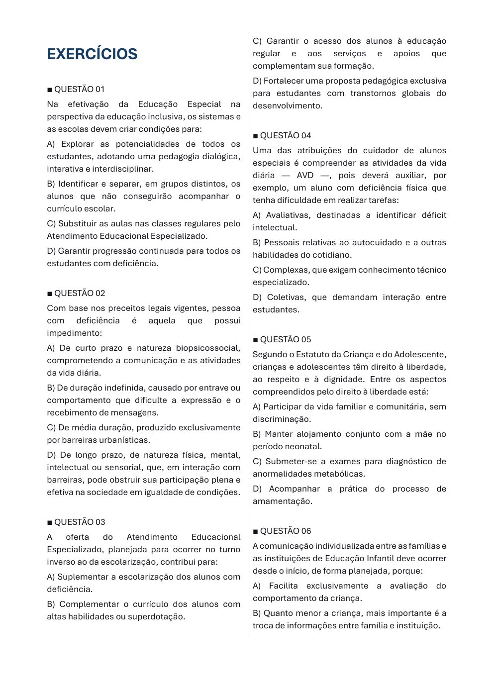 Página de exercícios da apostila PAED